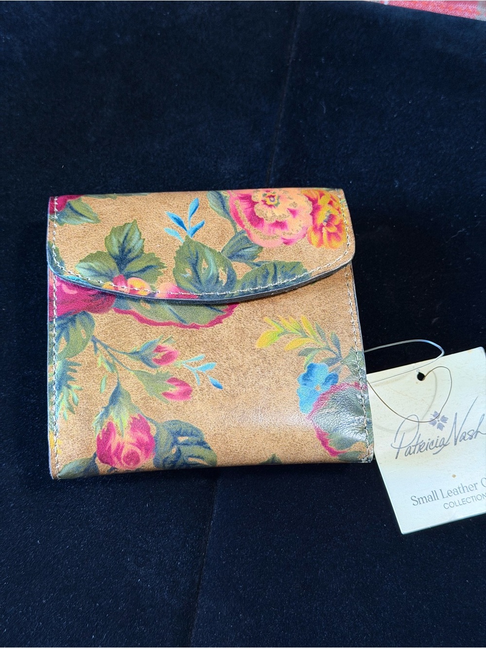 Patricia Nash Floral Leather Compact Wallet - Tan with Pink & Blue Accents